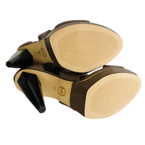 Michael Kors Cone Heel Leather Sandal Size 9 Tan Cross Strap 5" Platform New - Picture 6 of 8